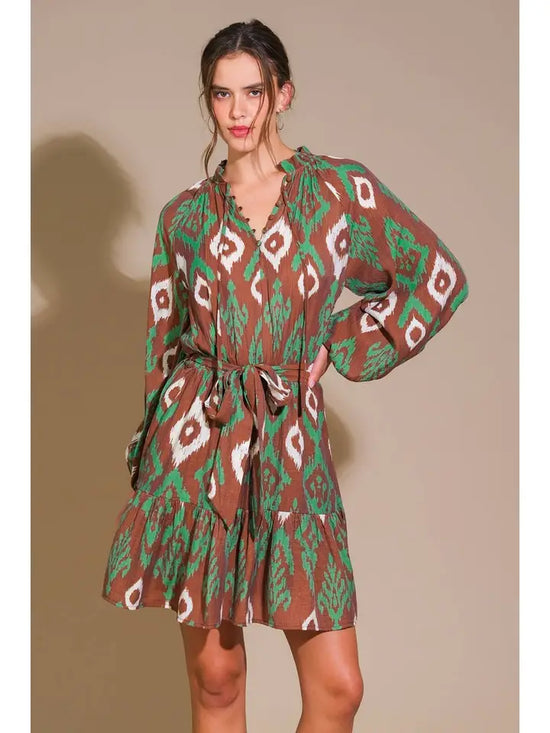 Fun Flirty Brown/ Green Printed Woven Mini Dress - Flying Tomato