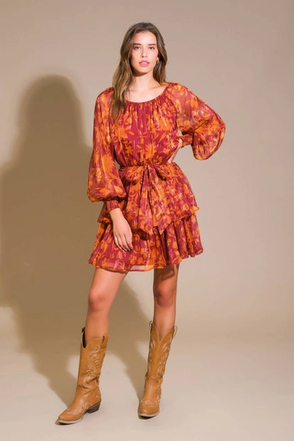 Maroon Printed Mini Dress