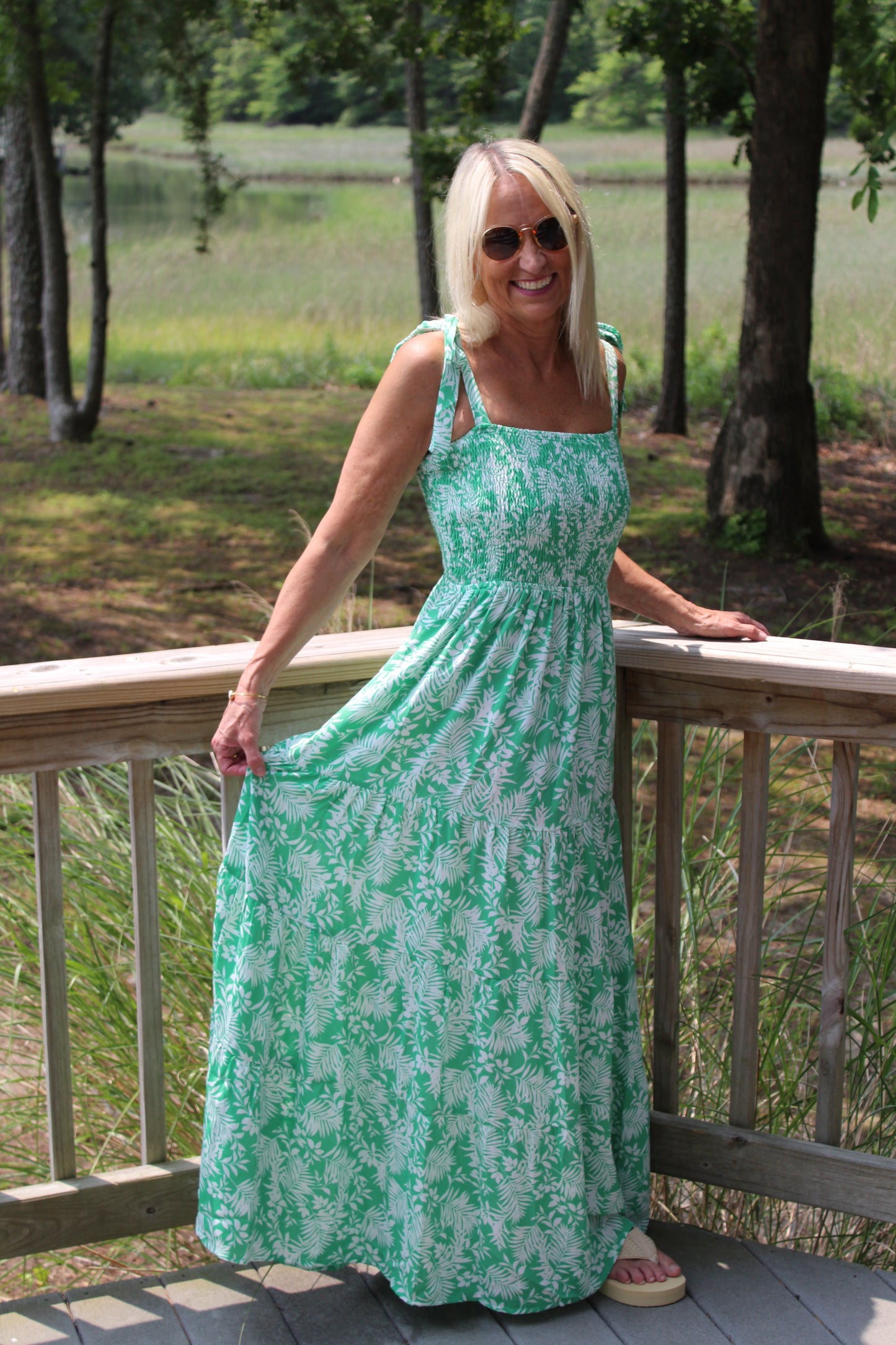 Green & White Smocked Tropical Print Maxi Dress