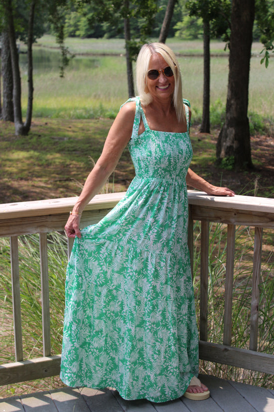 Green & White Smocked Tropical Print Maxi Dress