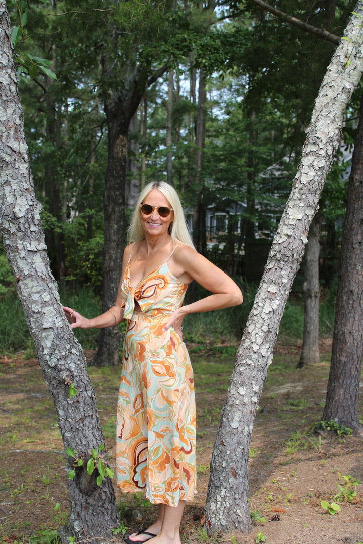 Apricot Olive Floral Print Midi Dress