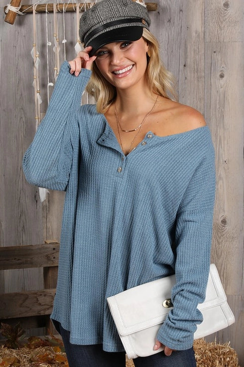 Placket Long Sleeve Waffle Top - Mauve