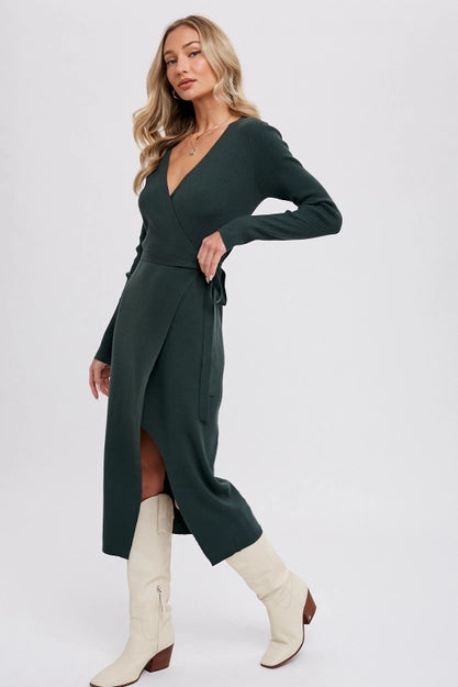 BluIvy Hunter Green Ribbed Wrap Sweater Dress