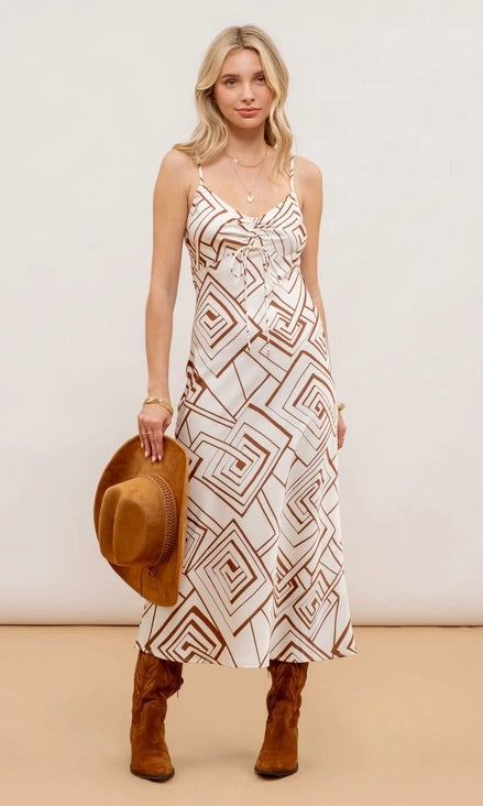 Geometric Print Front Tie Midi Dress
