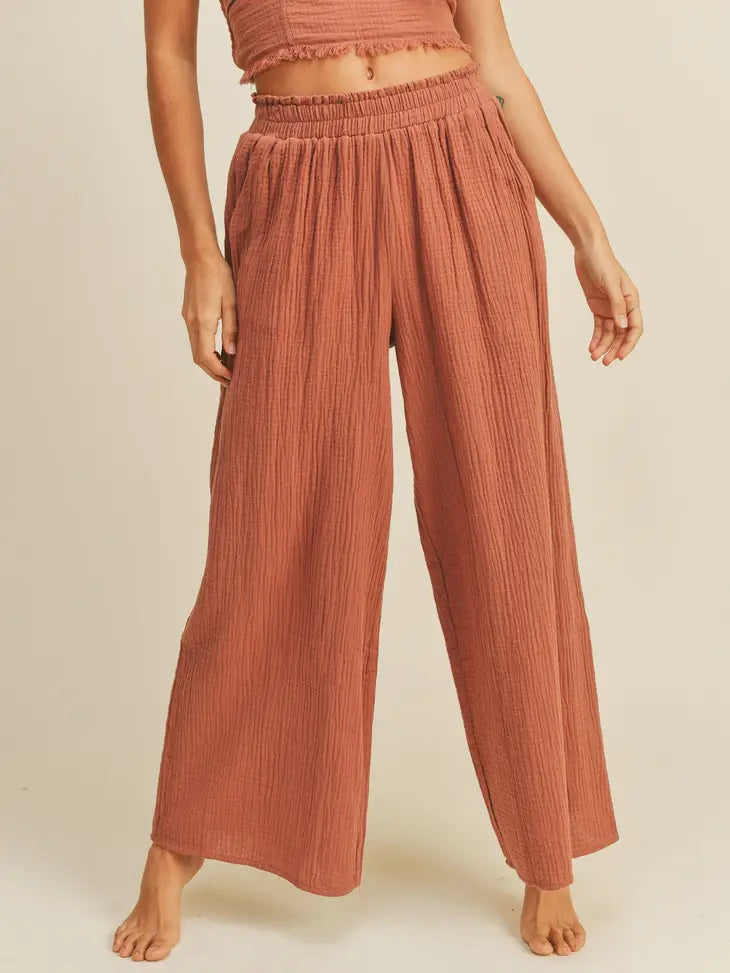 Fun Chic Brick Gauze Wide Leg Pants