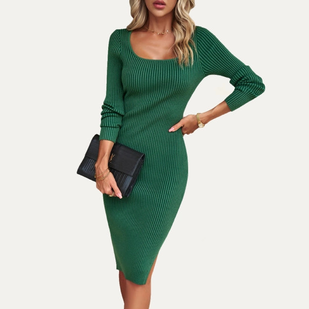 Classic Black Solid Ribbed Knit Long Sleeve Sweater Bodycon Dress