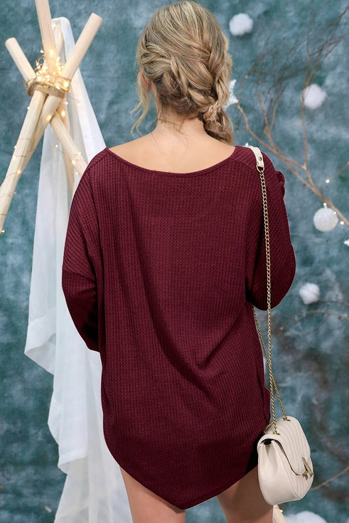 Placket Long Sleeve Waffle Top - Mauve