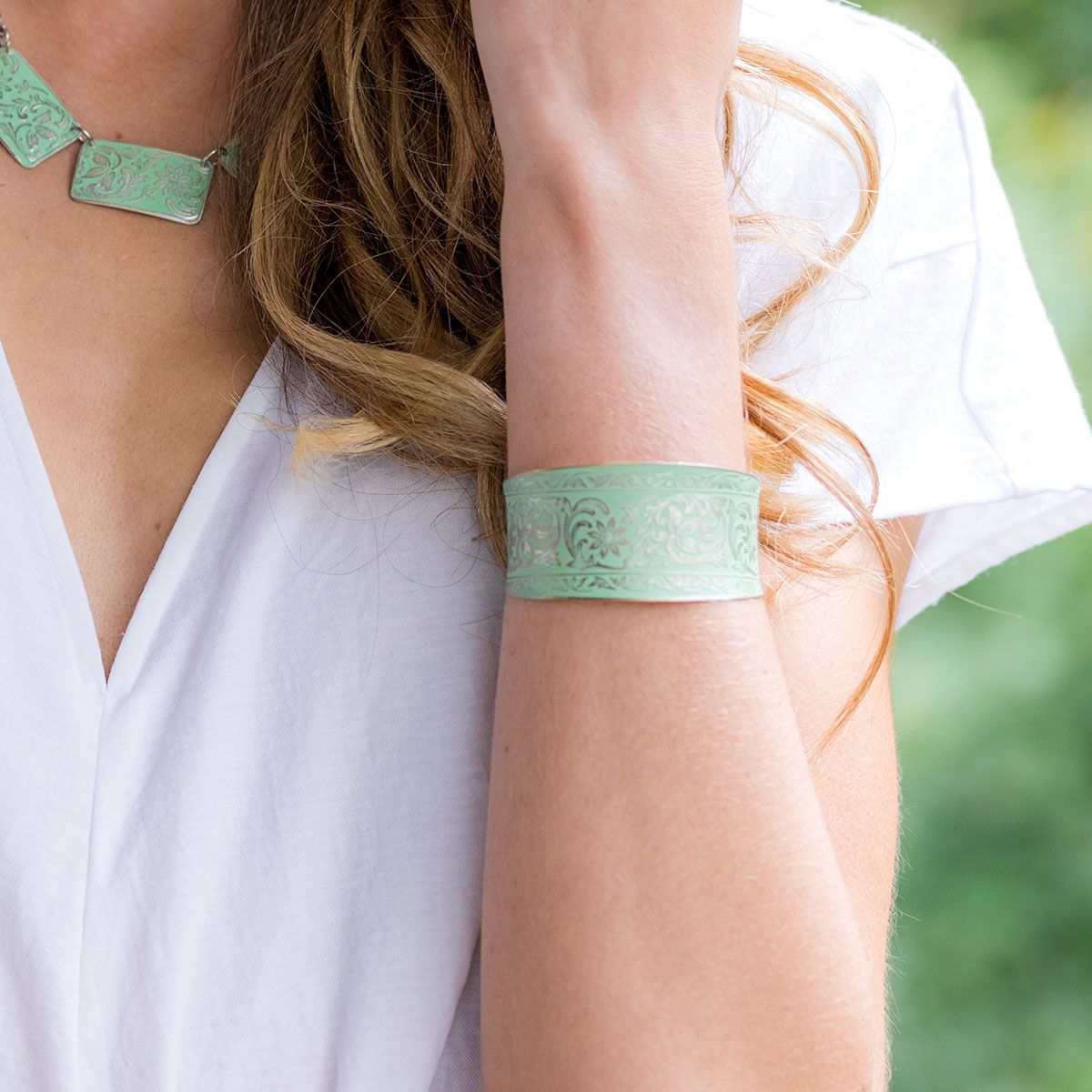 Mint Flowers and Leaves Silver Patina Cuff Bracelet