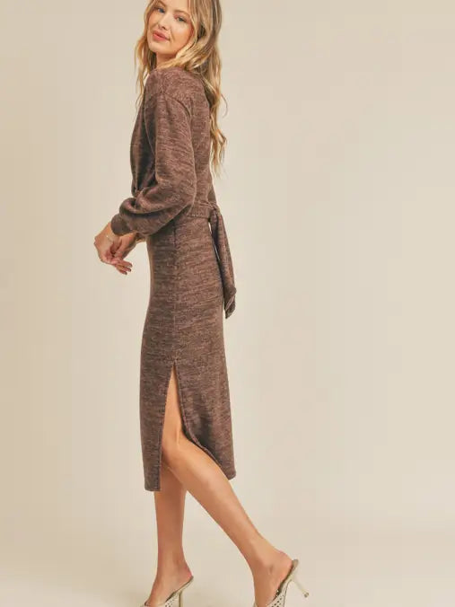 Lush Beautiful Brown Wrap Front Tie Back Midi Dress