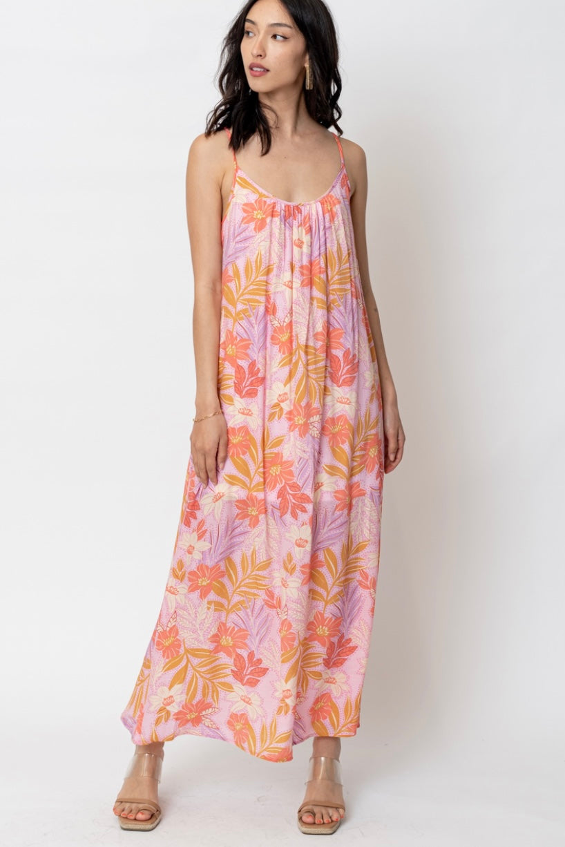 Tropical Pink Print Cami Maxi Dress