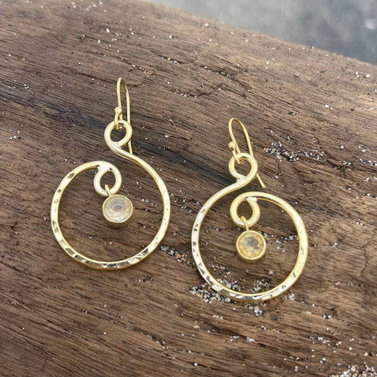 Gold Plated Hammered Swirl Dangle Earrings w/ Citrine by Jen Stones