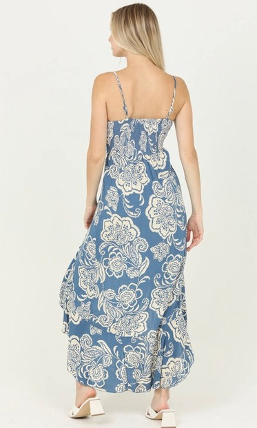 Angie Blue & White Tie Bust Double Ruffle Slits Maxi Dress