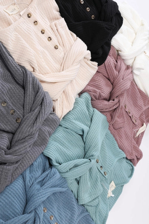 Placket Long Sleeve Waffle Top - Mauve