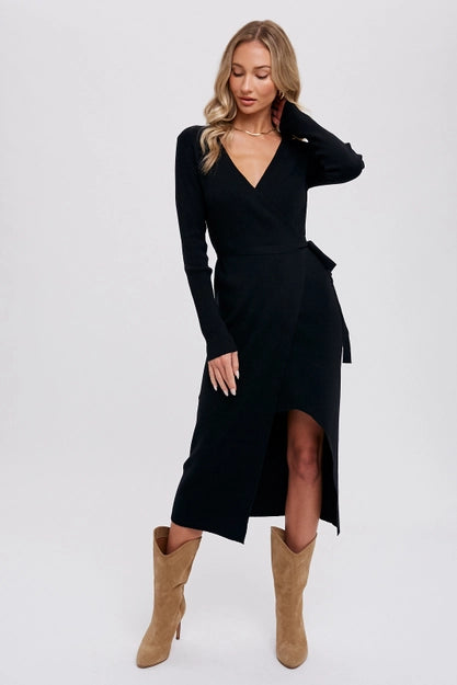 BluIvy Black Ribbed Wrap Sweater Dress