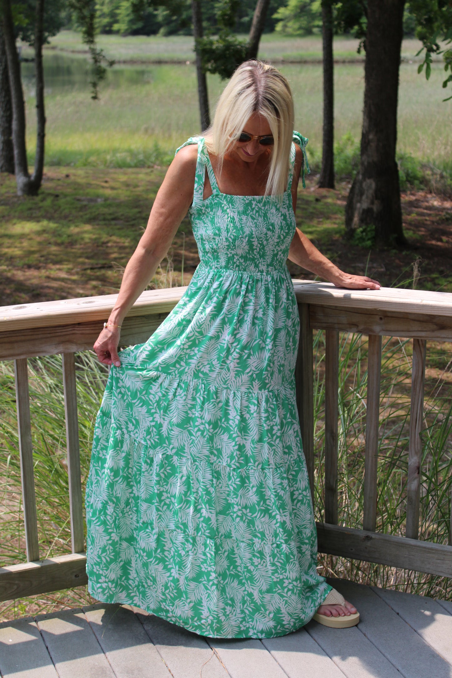 Green & White Smocked Tropical Print Maxi Dress