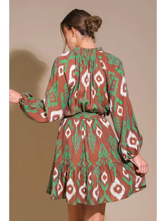 Fun Flirty Brown/ Green Printed Woven Mini Dress - Flying Tomato
