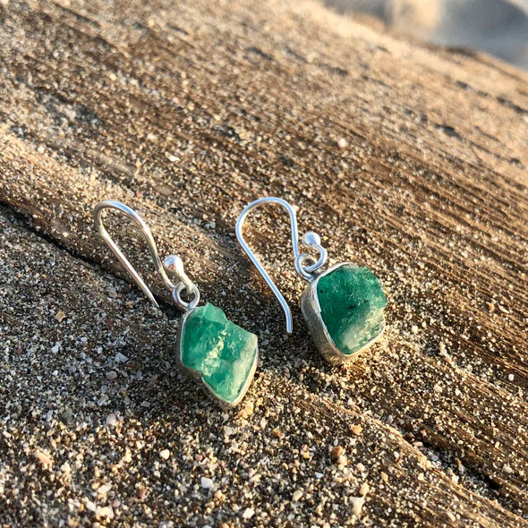 Petite Raw Emerald Dangle Earrings, designed by Jen Stones