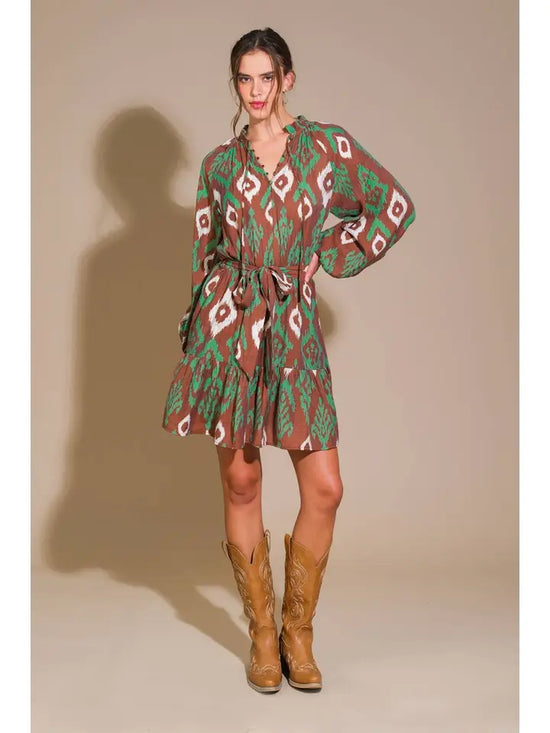 Fun Flirty Brown/ Green Printed Woven Mini Dress - Flying Tomato