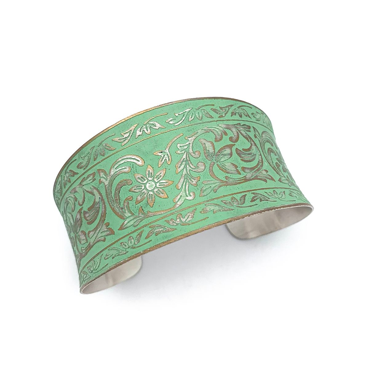 Mint Flowers and Leaves Silver Patina Cuff Bracelet