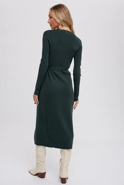 BluIvy Hunter Green Ribbed Wrap Sweater Dress