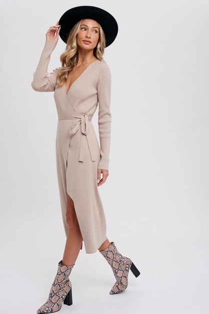 BluIvy Sand Ribbed Wrap Sweater Dress