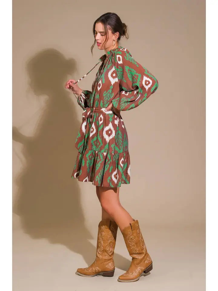 Fun Flirty Brown/ Green Printed Woven Mini Dress - Flying Tomato
