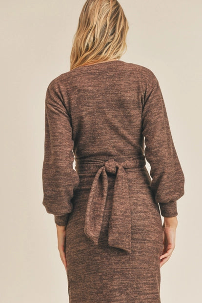 Lush Beautiful Brown Wrap Front Tie Back Midi Dress