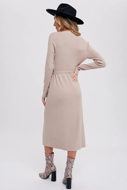 BluIvy Sand Ribbed Wrap Sweater Dress