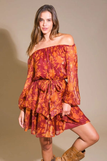 Maroon Printed Mini Dress