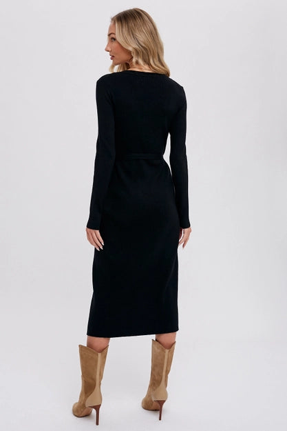 BluIvy Black Ribbed Wrap Sweater Dress