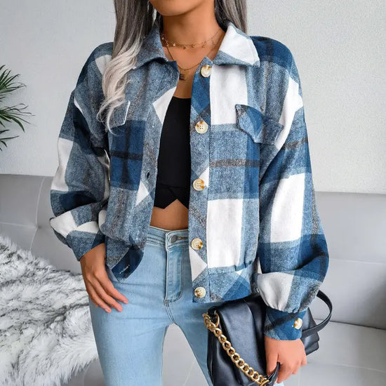 Cute Lantern Sleeve Plaid Short Shaket