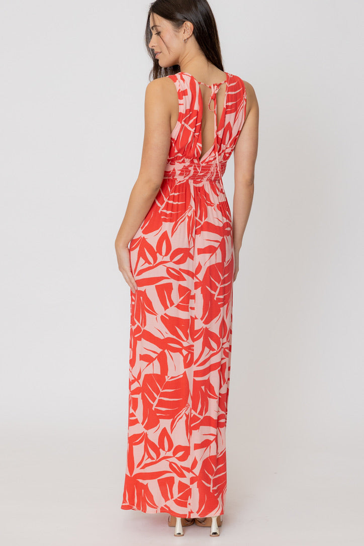 Blush Red Deep V-Neck Sleeveless Maxi Dress
