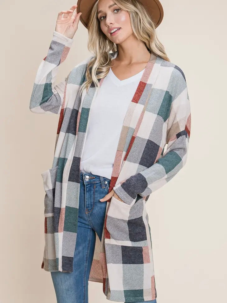 Bold Cozy Colorful Plaid Knit Cardigan