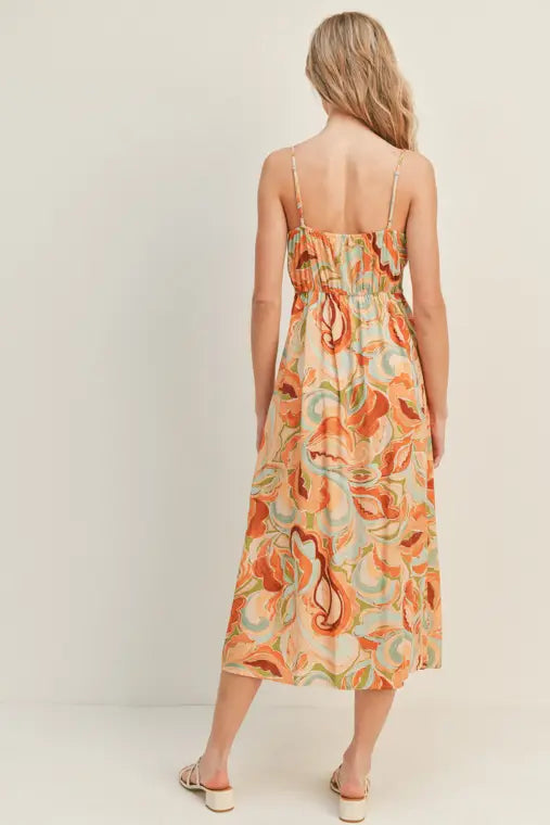 Apricot Olive Floral Print Midi Dress