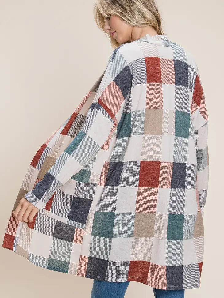 Bold Cozy Colorful Plaid Knit Cardigan