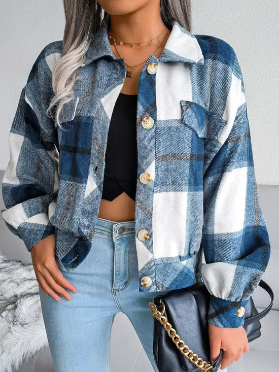 Cute Lantern Sleeve Plaid Short Shaket