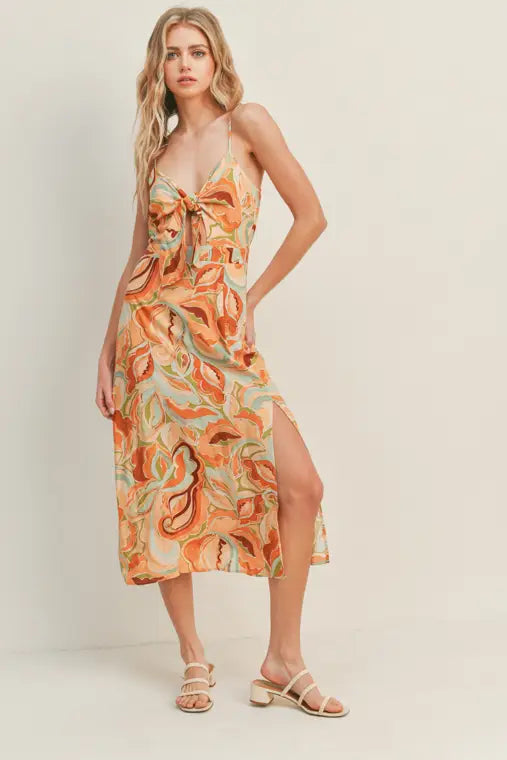 Apricot Olive Floral Print Midi Dress