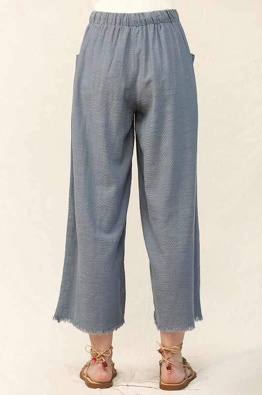 Comfy Frayed Wide Leg Pants with Pockets - Slate Blue