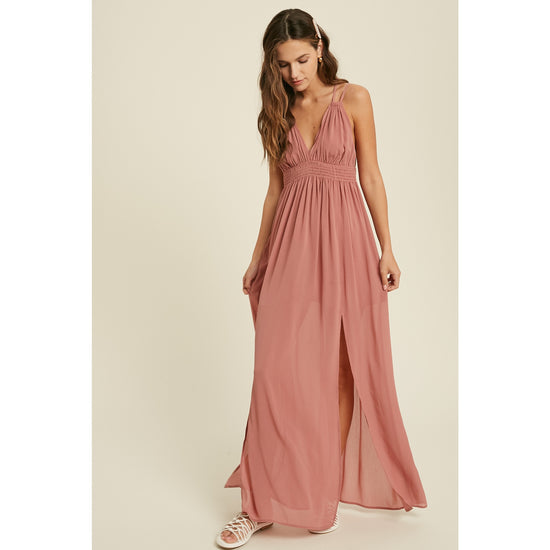 Beautiful Beachy Mauve Ruched Chiffon Maxi Dress w/ Side Front Slits