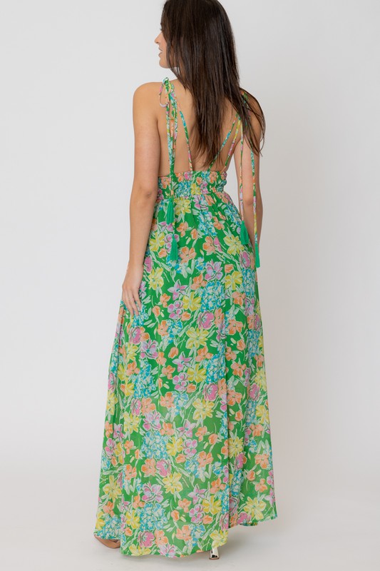 Green Multi-Color Sleeveless Floral Print Maxi Dress
