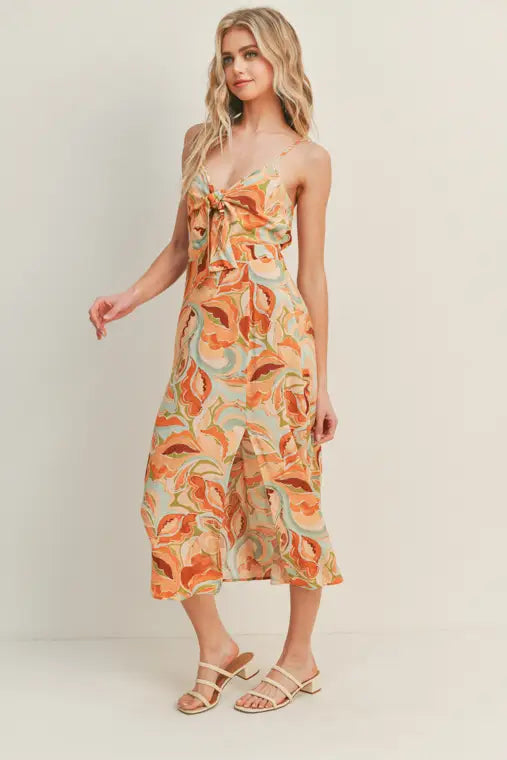 Apricot Olive Floral Print Midi Dress