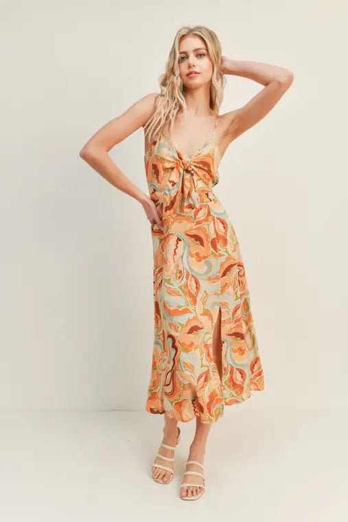Apricot Olive Floral Print Midi Dress