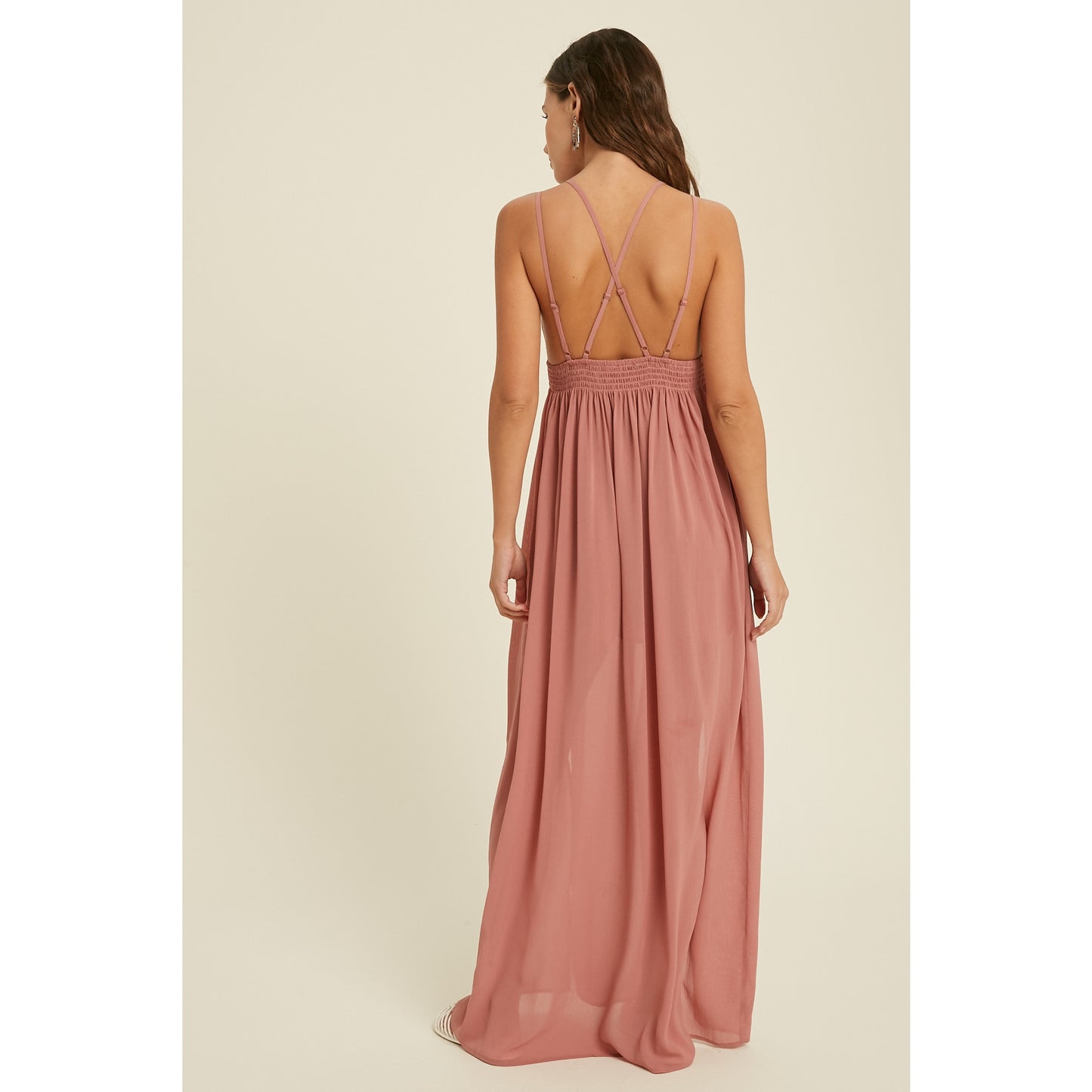 Beautiful Beachy Mauve Ruched Chiffon Maxi Dress w/ Side Front Slits