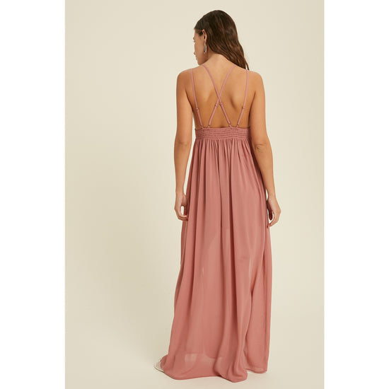 Beautiful Beachy Mauve Ruched Chiffon Maxi Dress w/ Side Front Slits