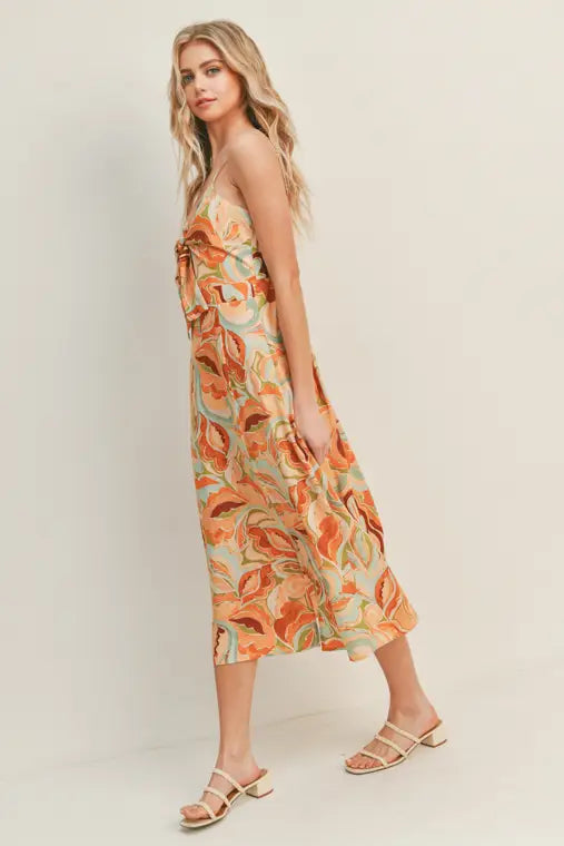 Apricot Olive Floral Print Midi Dress