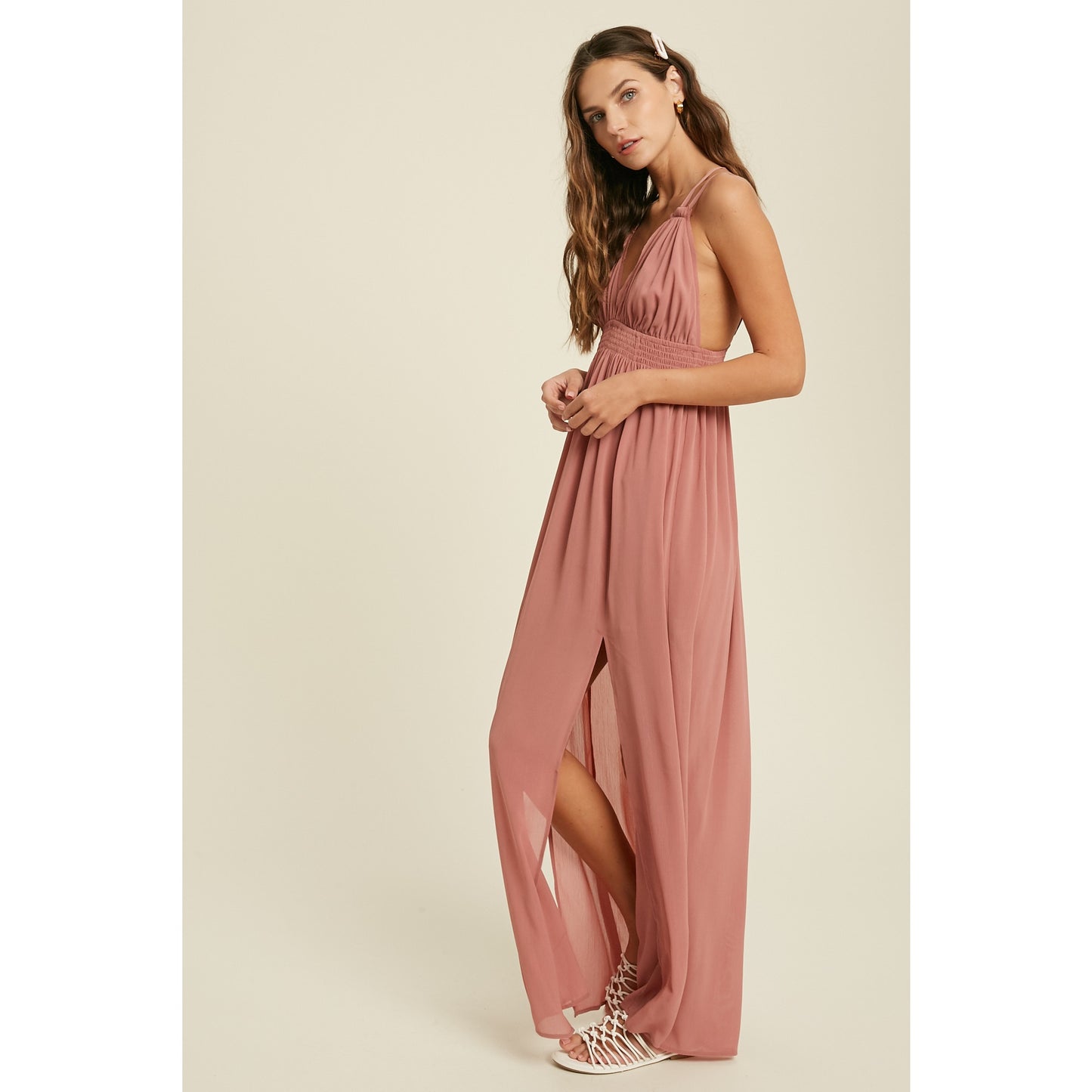 Beautiful Beachy Mauve Ruched Chiffon Maxi Dress w/ Side Front Slits