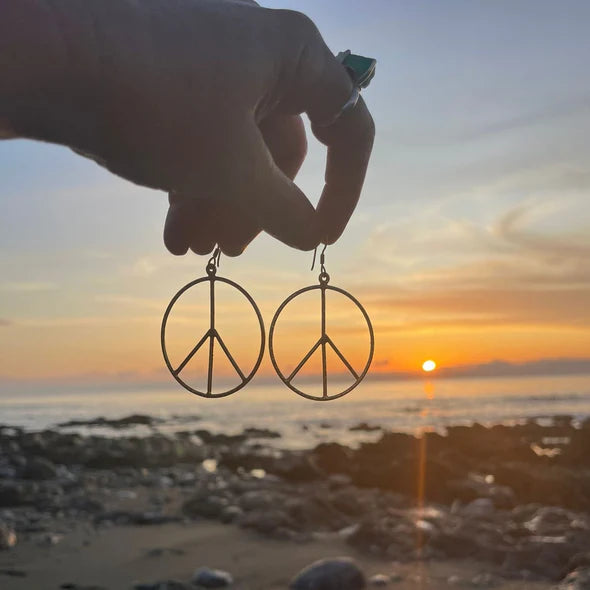 Hammered Peace Sign Hoop Dangle Gold Plated Earrings by Jen Stones