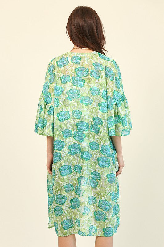 Green Floral Jacquard and Side Slit Kimono Cardigan