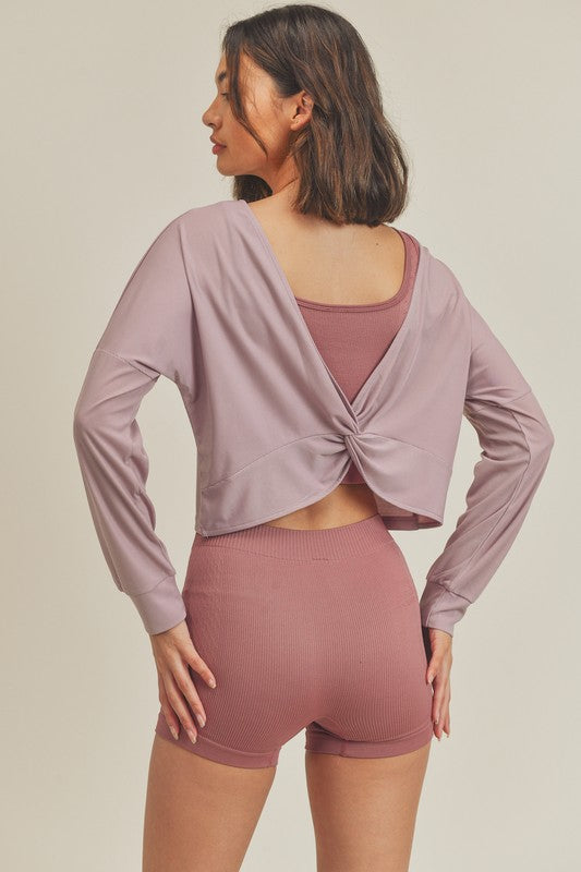 Fun Lavender Long Sleeve Twist Back Crop Top