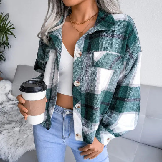 Cute Lantern Sleeve Plaid Short Shaket